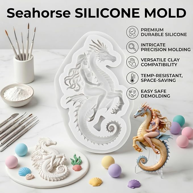 Seahorse Polymer Clay Mold Seahorse Mermaid Princess Silicone Molds for Jewelry Making Epoxy Resin Casting Air Dry Polymer Clay Craft