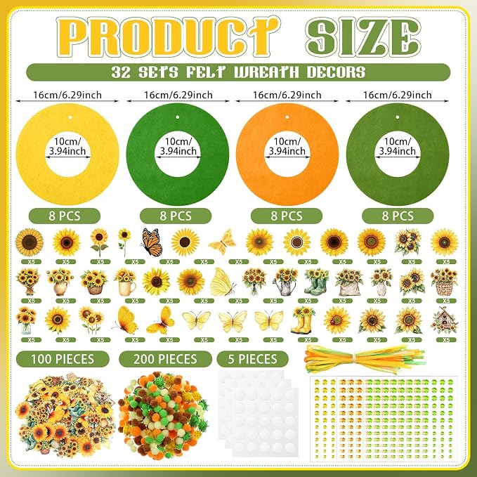 Wavwavw 704 Pcs Summer DIY Craft Kits Summer Wreath Hanging Ornaments Sunflower Craft Kit Wreath Arts Decorations with Butterflies House Boots Felt Stickers for Party Activities Home Decor