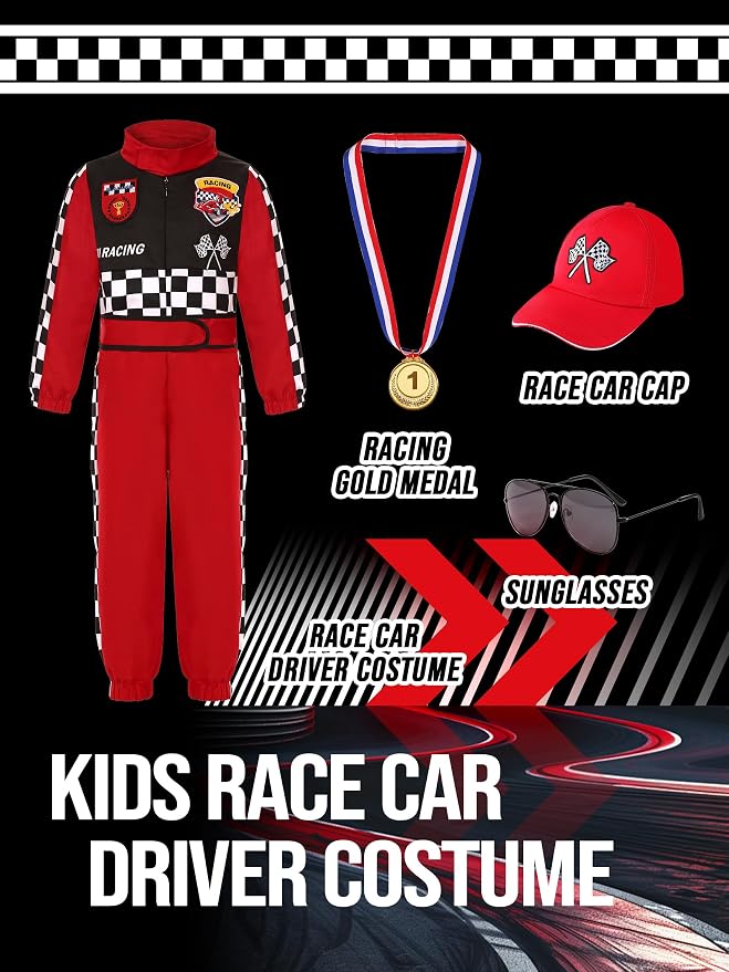 Kids Race Car Driver Costume Boys Girls Racer Jumpsuit With Car Cap Kids Dress Up for Halloween