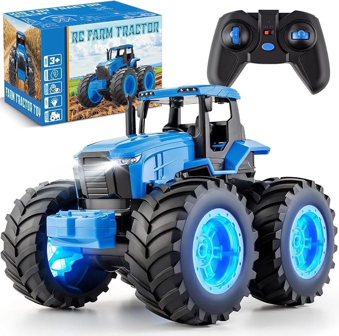 IJIGU Remote Control Tractor Toys, Light Up Farm Monster Trucks Toy for Boys 3, 4, 5, 6, 7 Year Old, 2.4 Ghz RC Tractor Toys, Ideal Christmas, Birthday Gifts for Kids