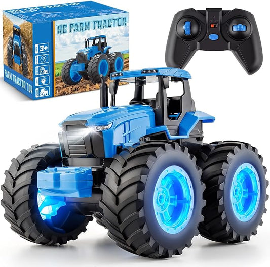 IJIGU Remote Control Tractor Toys, Light Up Farm Monster Trucks Toy for Boys 3, 4, 5, 6, 7 Year Old, 2.4 Ghz RC Tractor Toys, Ideal Christmas, Birthday Gifts for Kids