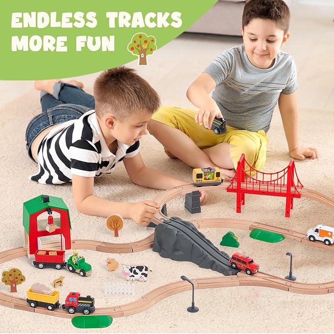 Giant bean 42PCS Wooden Farm Train Set for Toddler, Battery Operated Train Railway Track with Bridge, Barn, Animals,Tractor Cargo, Compatible with Most Brand, for Kids Boys Girls Age 3-8