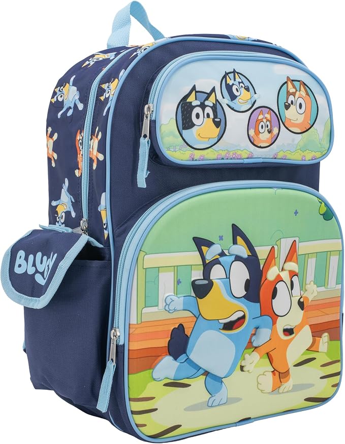 AI ACCESSORY INNOVATIONS Bluey Backpack for Girls & Boys, 16 Inch School Bag with 3D Molded Front Pocket, Blue