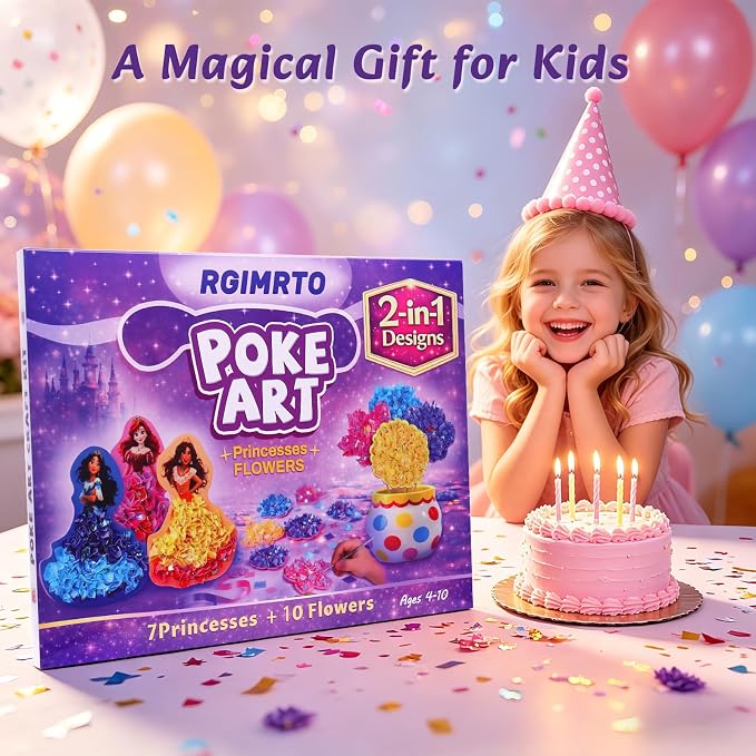 RGIMRTO Poke Art Craft Kit for Kids, 2-in-1 7 Princess +10 Flowers Craft Set with Display Board, Mess Free Craft Activity Birthday Gift for Girls Ages 4, 5, 6, 7, 8, 9,