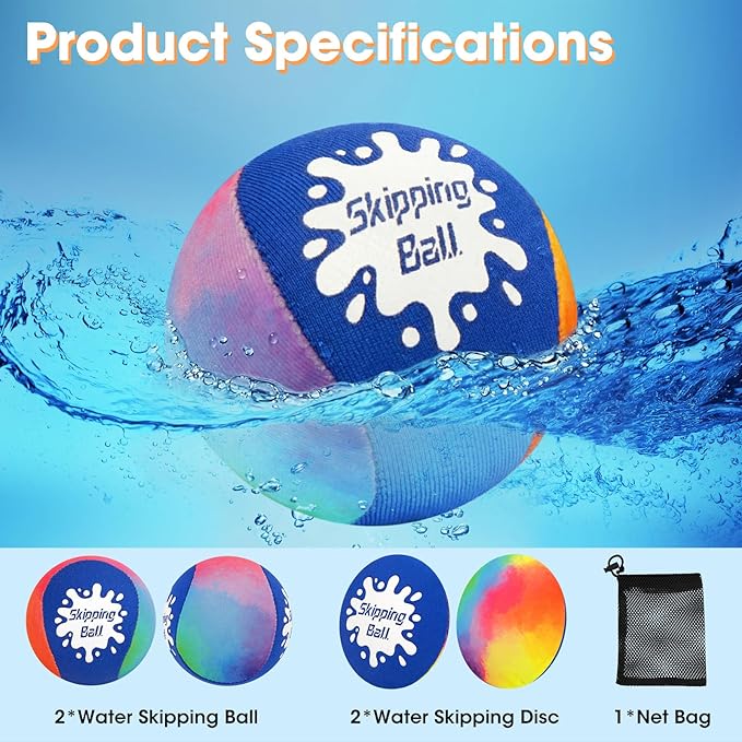 Korlon Skipping Water Balls, 4 Pack Skip Water Bouncing Ball with Mesh Bag, Summer Water Pool Toys for Kids Ages 4-8 8-12 Adults Games Cool Lake Beach Fun