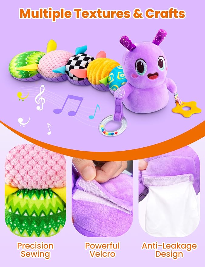 Musical Caterpillar Baby Sensory Toy for Infant Development 0-12 Months – Newborn Bath, Car Seat, Stroller & Bassinet Activity Toy & Gift – Tummy Time Crawler & Teether(Purple)