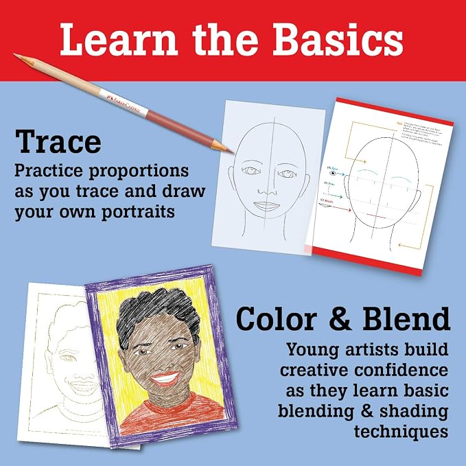 Faber-Castell World Colors How to Draw Faces Kit - Learn to Draw Portraits for Beginners - 40 Piece Skin Tone Coloring Pencils and Paper Art Set