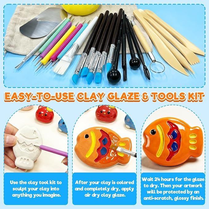 3.4FL OZ Air Dry Clay Glaze & 25pcs Tool Kit, Gloss Clay Varnish Protective Sealant to Prevent Cracking, Scratching & Wear - Pottery Tools for Stippling, Carving, Molding & Shaping Clay Crafts (Gloss)