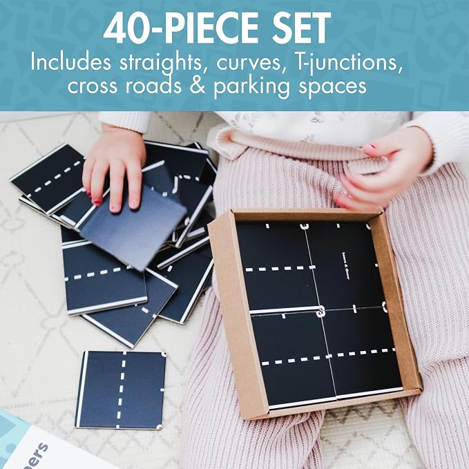 Learn & Grow Magnetic Tiles Road Expansion Pack - 40PCs Road Toppers Set for Cars, STEM Learning & Building Toy - Magnetic Tile Accessories for Kids 3+, Toddler - Add Car Roads to Any Magnet Tiles Set