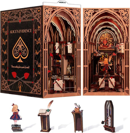 𝗠𝗶𝗻𝗶𝗖𝗶𝘁𝘆 Book Nook Kit, DIY Miniature Dollhouse Booknook Kit, 3D Wooden Puzzle Bookend Bookshelf Insert Decor with LED Light for Teens and Adults (Alice in Wonderland)