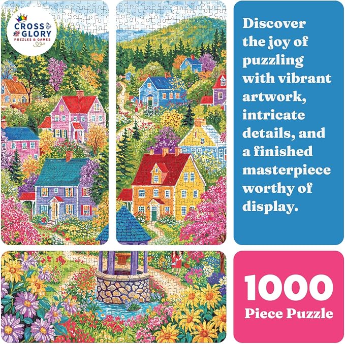 Cross & Glory - Sunshine at Wishing Well Lane - 1000 Piece Jigsaw Puzzle for Adults | Colourful New England Village Puzzle | Scenic Springtime Family Scene | Challenging and Relaxing