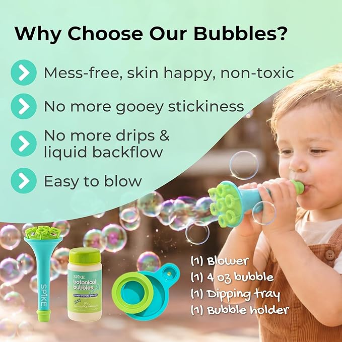Innobaby Spike Bubble Blower with Mess Free Botanical Bubbles and Dipping Tray - Magic Wand Blows Oodles of Bubbles Without The Mess - Recommended for Speech, Visual & Motor Development - Color: Aqua