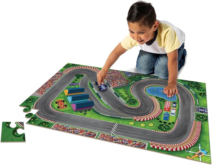 Peaceable Kingdom Jumbo Racetrack Floor Puzzle Bundle with 3 Wood Cars – Large Jigsaw Gift for Toddlers and Kids Ages 3-5 – Puzzle and Play: Race Day