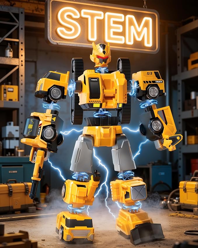 5-in-1 Construction Truck Toys for 3 4 5 6 Year Old Boys, Transform Toys for Boys 4-6, Easy DIY Magnetic Assembly, Birthday Gifts for 3 4 5 6 Year Old Boys, STEM Robot Toys for Boys Kids