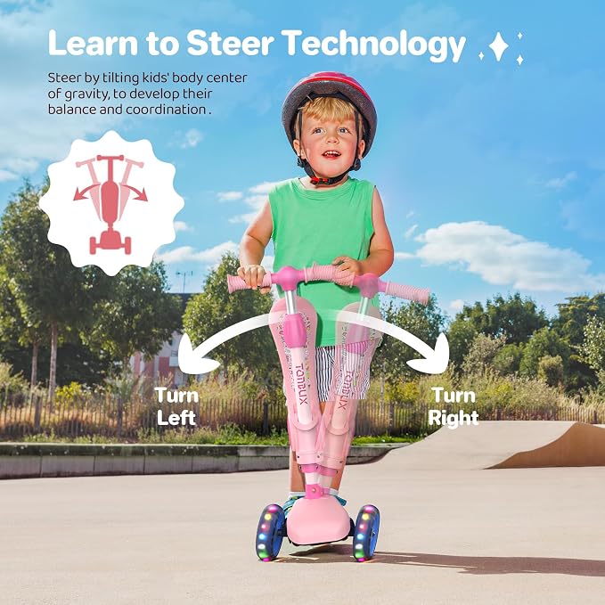 TONBUX Kids Scooter with Seat, 3 Wheels Scooter with PU Luminous Wheels, Non-Slip Handle and Wide Deck, Sensitive Brakes, 4-Level Adjustable Height, Scooters for Kids 2–8 Years