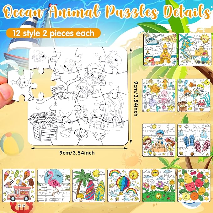 Realspring 24 Pack Color Your Own Jigsaw Puzzles for Kids 3-5, 4-6, 6-8, Coloring Crafts DIY Paper Puzzles Party Favors Gifts for Toddler Children Learning Education Toys(Summer)