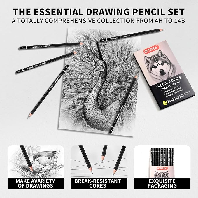 GETHPEN Professional Drawing Sketching Pencil Set - 14 Pieces Graphite Pencils(14B - 4H), Ideal for Drawing Art, Sketching, Shading, Artist Pencils for Beginners & Pro Artists