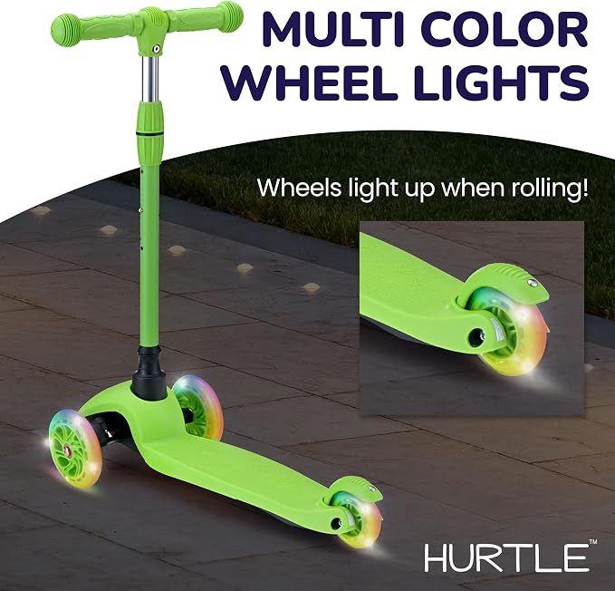 Hurtle Mini Kickboard 3 Wheel Scooter for Kids Ages 2-5 - Lean-to-Steer Toddler Scooter with Light-up LED Wheels, Adjustable Height & Rear Foot Brake for Boys. & Girls, Anti-Slip, Indoor/Outdoor