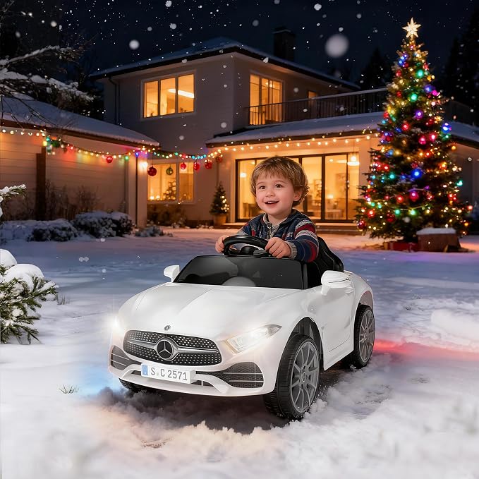 Battery Powered Electric Car Ride On Vehicle Double Doors, Safety Belt,LED Light (SC-White)