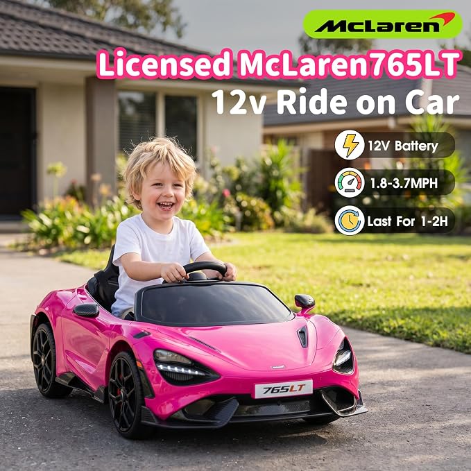Kids Ride-on Car Licensed McLaren765LT for 3-6Years Old, Electric car 12V Battery Powered Electric Vehicle, w/Parent Remote, Music Player, LED Lights, Smooth Start, 3 Speeds, Pink