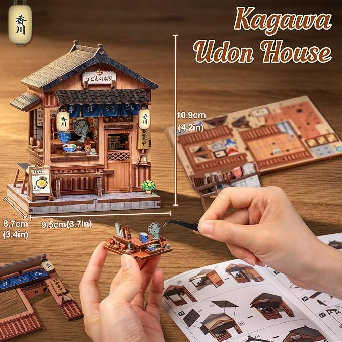 Cutefun DIY Miniature House Kit, 103 Pcs 3D Wooden Puzzle Tiny House Mini House Building Kit for Beginners & Teens – Palm-Sized DIY Japanese Booknook Dollhouse for Bookshelf Decor (Kagawa Udon House)