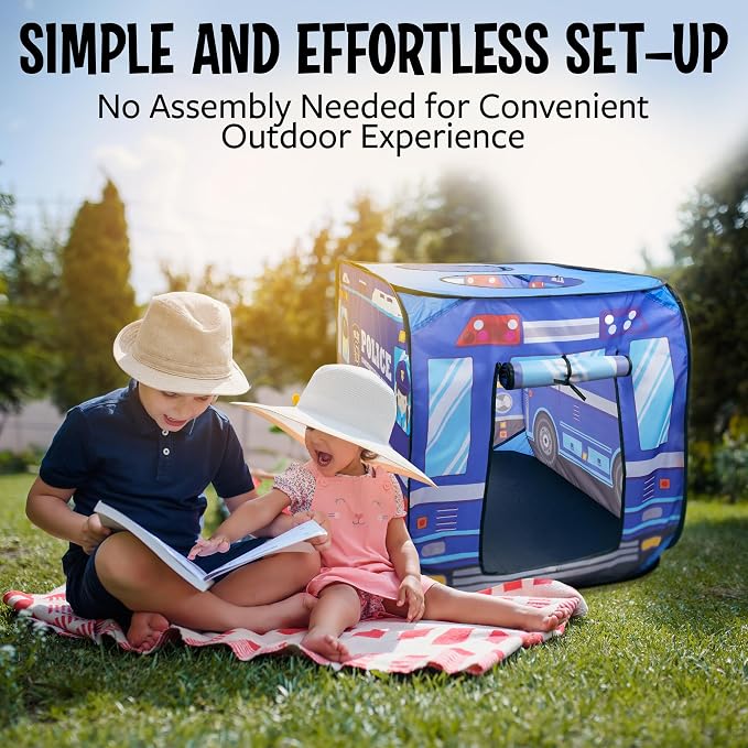 Playbees Musical Police Car Pop Up Play Tent with 3 Openings - Tent for Toddlers - Indoor & Outdoor - Pop Up Tents for Kids - Includes Carry Bag and Sound Button- 43.5x28x26.5 Inch