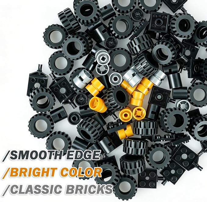 Pamvava Wheels and Axles Building Sets, 100 Pieces Vehicle Truck Tires Car Parts Accessories,Compatible with Major Brands Bulk Bricks, Construction Toys (Gold & Silver Hubs)