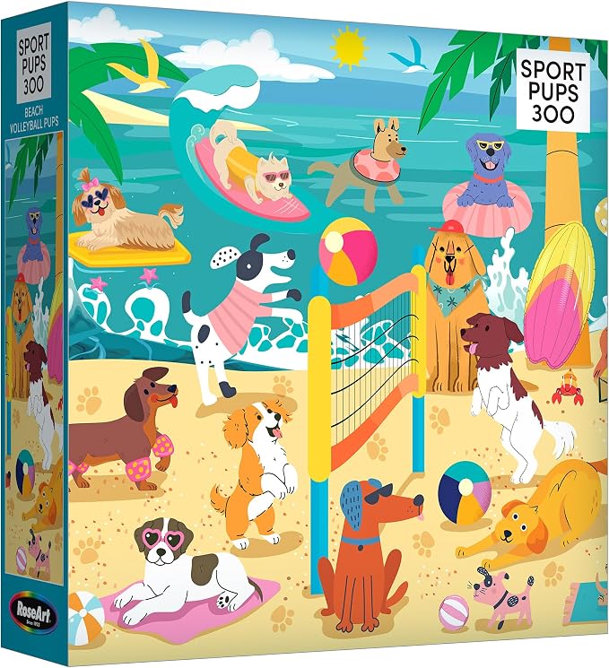 RoseArt Beach Volleyball Pups 300 Piece Jigsaw Puzzle - Made in USA, 18" x 24" Sports Pups Dog-Themed Puzzle for Kids & Adults