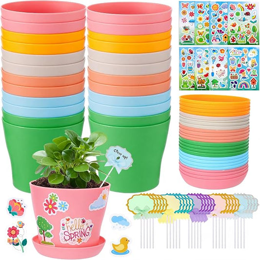 Cosweet 36 Pack Durable Resin Garden Pot Craft Kit for Kids | Colorful Flower Plant Crafts with Trays, Stickers & Blank Labels, Art Activities for Classroom School Home DIY Gifts 4+ years