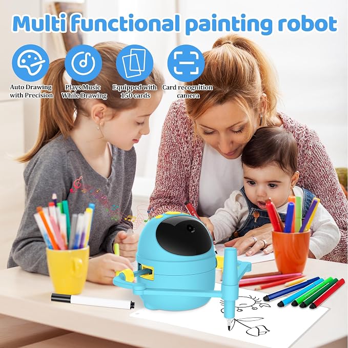 Drawing Robot for Kids with Card-Sensing Camera, 150 Learning Cards and 17 Colored Pens, Smart Painting Art Machine with Voice Guide for Boys Girls, Step-by-Step Auto Drawing for STEM Early Learning