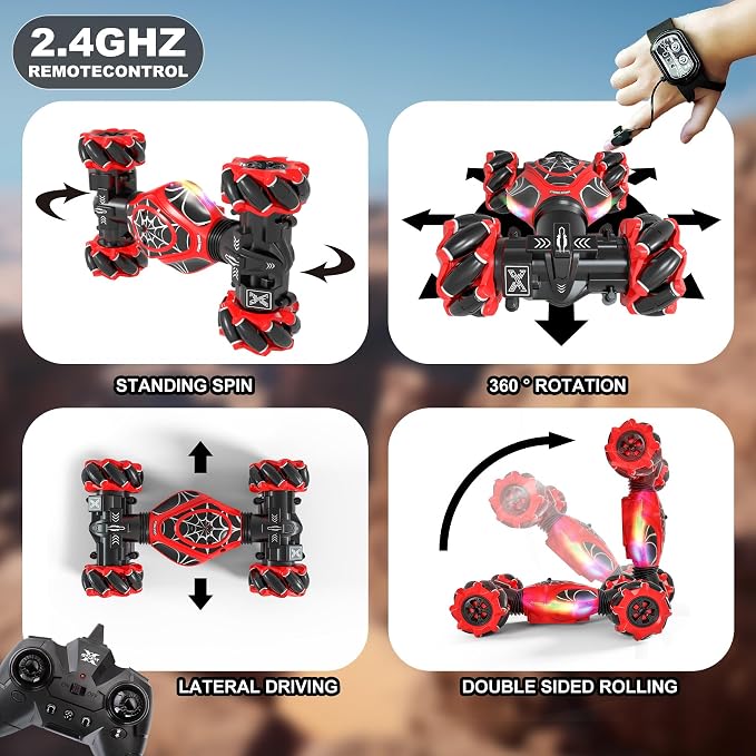 Gesture RC Car Red,1:24 High Speed 4WD Transform Stunt Car with Gesture & Remote Control, 360° Rotation Drift Vehicle with LED Lights Music, Racing Toy Cars Gift for Boys Girls Age 6-12