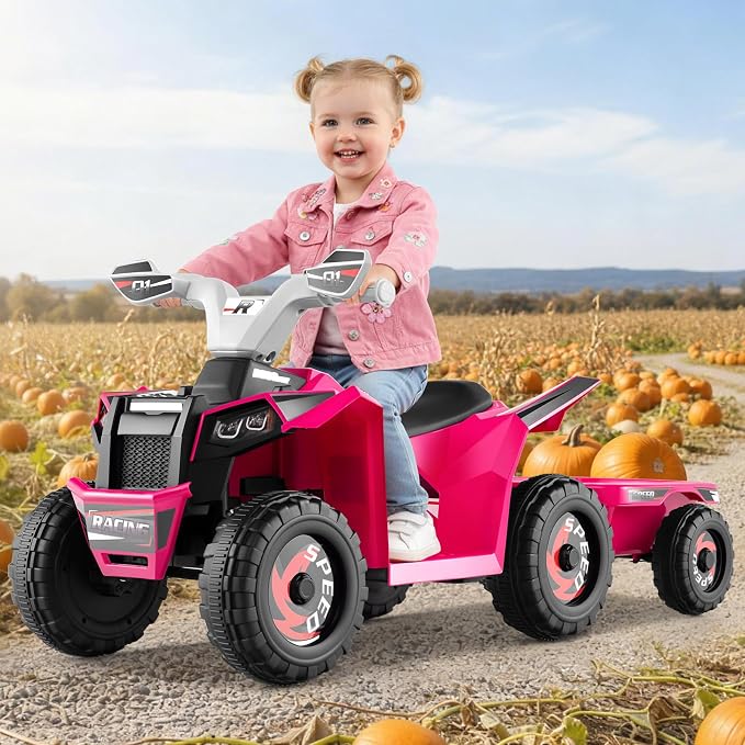 OLAKIDS 6V Kids ATV with Removable Trailer, Forward Backward Function, Widened & Wear-Resistant Wheels, Ride On Toy for Toddlers (Pink)