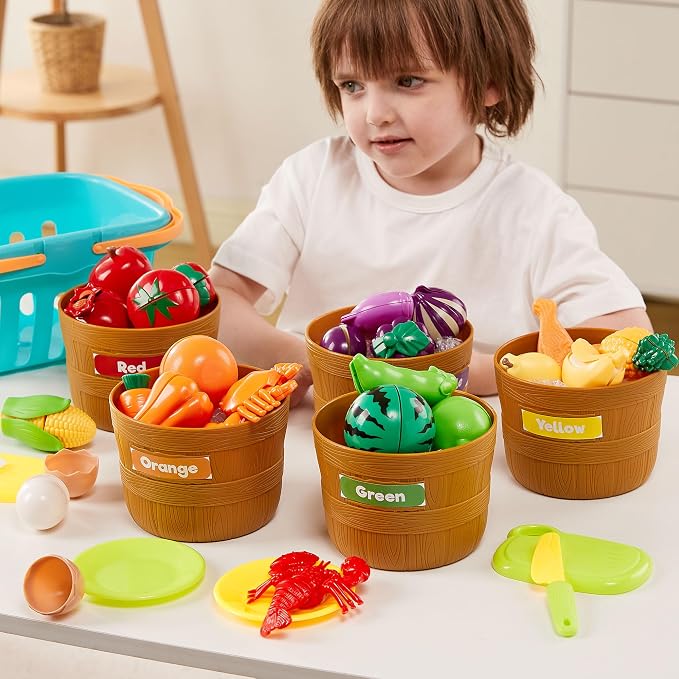 JOYIN Learning Toys Play Food Set for Toddlers, Cutting Food for Preschool Activities, Play Kitchen Accessories, Educational Toys, Color Sorting Set for Boys & Girls, Back to School Gifts for Toddlers