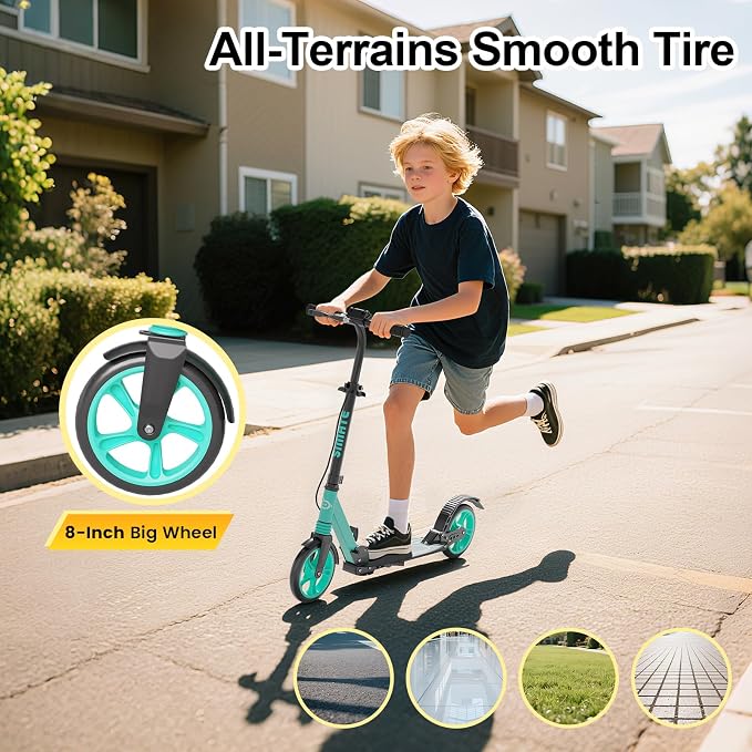 SIMATE Kick Scooter for Kids Teens & Adults, 4 Adjustable Heights, 8IN All Terrain Big Wheels, Dual Brakes & Dual Suspension, Foldable and Lightweight, Gifts for Girls Boys