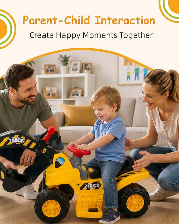 Kids Excavator Ride On Toy, 6V Electric Ride On Excavator for Ages 2+ with Rechargeable Battery, Sounds, Storage, Toy Hard Hat and 3 Rocks