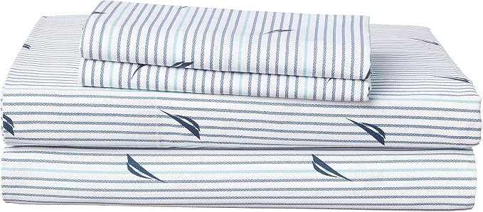 Nautica - Queen Sheets, Cotton Percale Bedding Set, Casual Home Decor (Audley Stripe Blue, Queen)