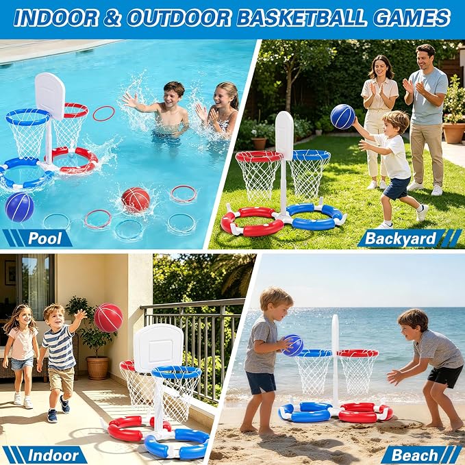 Double Pool Basketball Hoop with Backboard &Ring Toss Game, 2-in-1 Floating Pool Toy with 4 Balls 8 Rings&Pump,2 Player Games Summer Activities for Kids 5-8 8-12& Adult,Outdoor Swimming Party Gifts