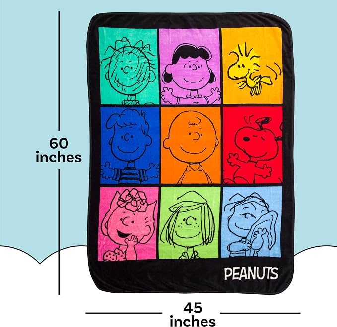 Silver Buffalo Peanuts Featuring Pig-Pen, Lucy, Woodstock, Schroeder, Charlie Brown, Snoopy, Sally, Peppermint Patty, and Linus 45” x 60” Fleece Throw, Soft and Cozy Blanket, 250 GSM