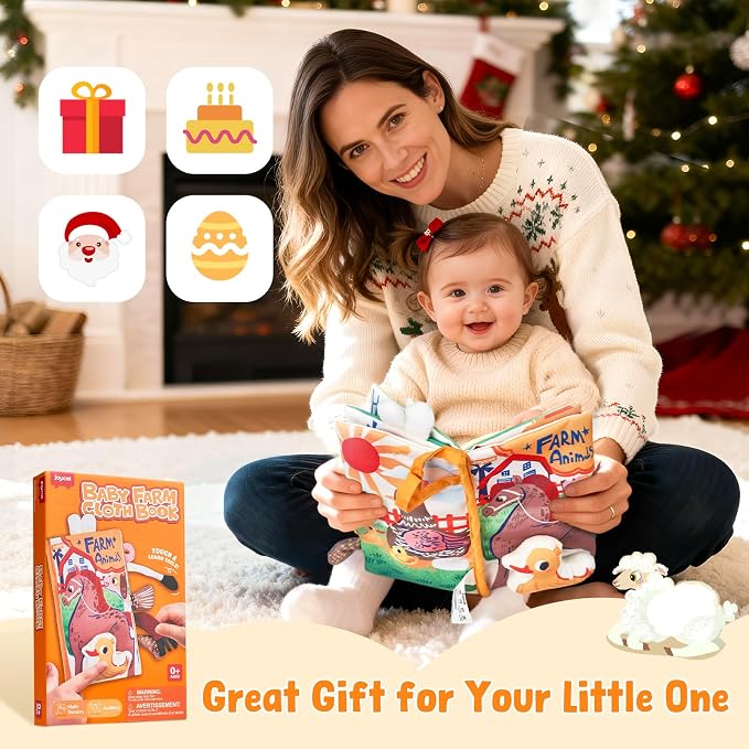 JoyCat Baby Books 0-6-12 Months - Farm Tail Tummy Time Toys - Sensory Touch & Feel Crinkle Cloth Book with Detachable Duck - Newborn Easter Basket Stuffers