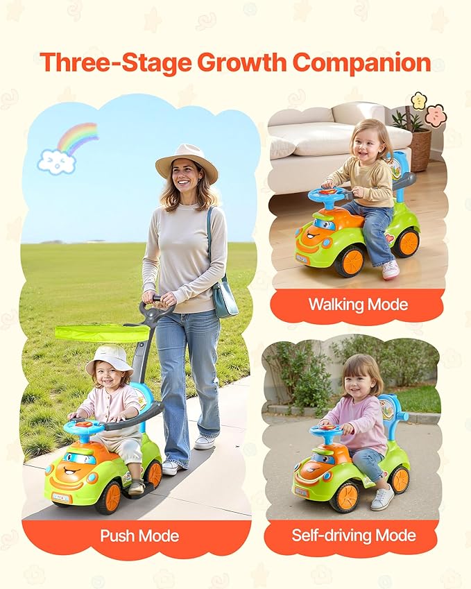 VEVOR Ride On Push Car, Push Car for Toddler 19 to 36 Months, Around Buggy with Guardrails, Handle & Under-seat Storage, 55 lbs Load Capacity, Foot-to-Floor Walker for Boys Girls, Green