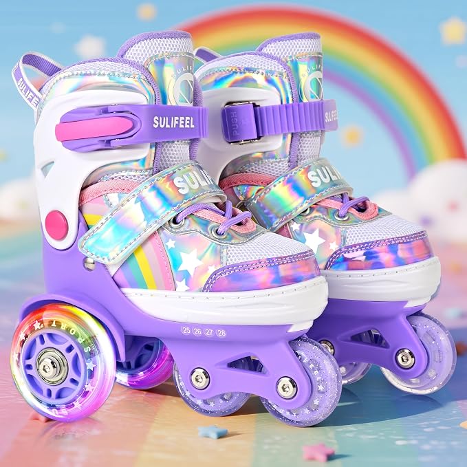 SULIFEEL Rainbow Unicorn 4 Size Adjustable Roller Skates for Girls Boys for Kids Ages 3-5 5-8 6-12 Children Skates Indoor Outdoor