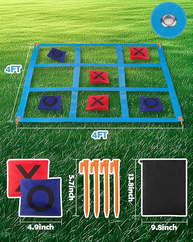 Outdoor Game Set, Kanosan Outside Giant Tic Tac Toe Bean Bag Toss Games,3 Legged Race Bands, Catch Tail Game, Field Day Birthday Party Family Reunion Carnival Yard Lawn Easter Games 28PCS