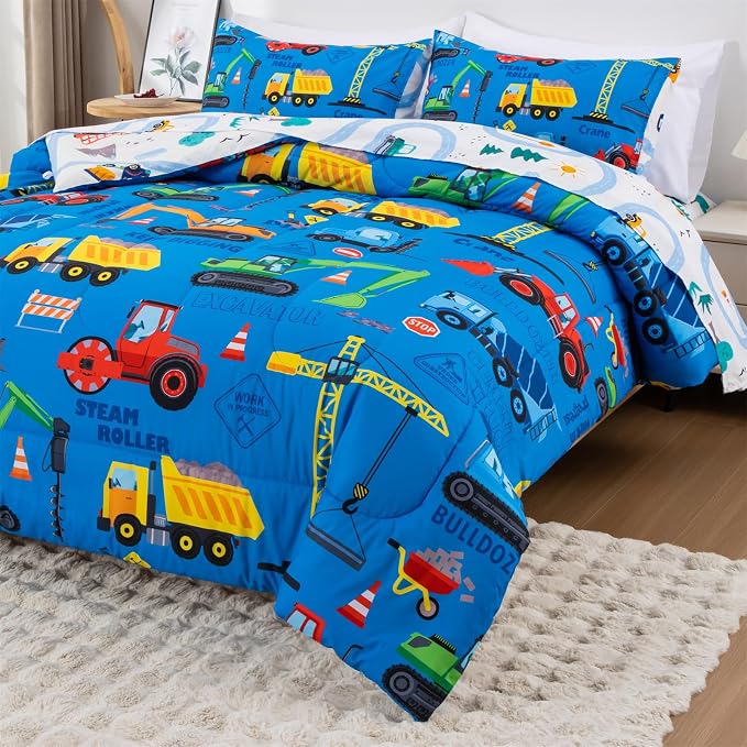 Holawakaka Trucks Excavator Cars Boy Bedding Comforter Set with Sheets, Full Size Cartoon Construction Car Tractor Print Kids Bed in A Bag 5-Piece, Boys Reversible Dorm Bed Sets (Blue Full)