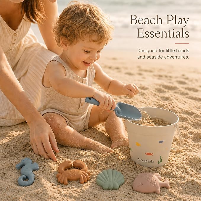 6-Piece Silicone Beach Toys Set for Kids - Foldable Sand Bucket, Shovel, 4 Sand Molds and Mesh Bag - Sea Creatures