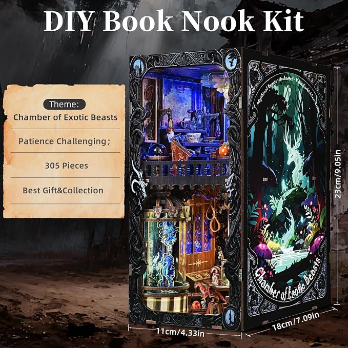 Book Nook DIY Kit,Mysterious Creature Diorama 3D Wooden Puzzle with LED,Bookend Bookshelf Decoration,Miniature Doll House for Home Decor,Chamber of Stranger Beasts