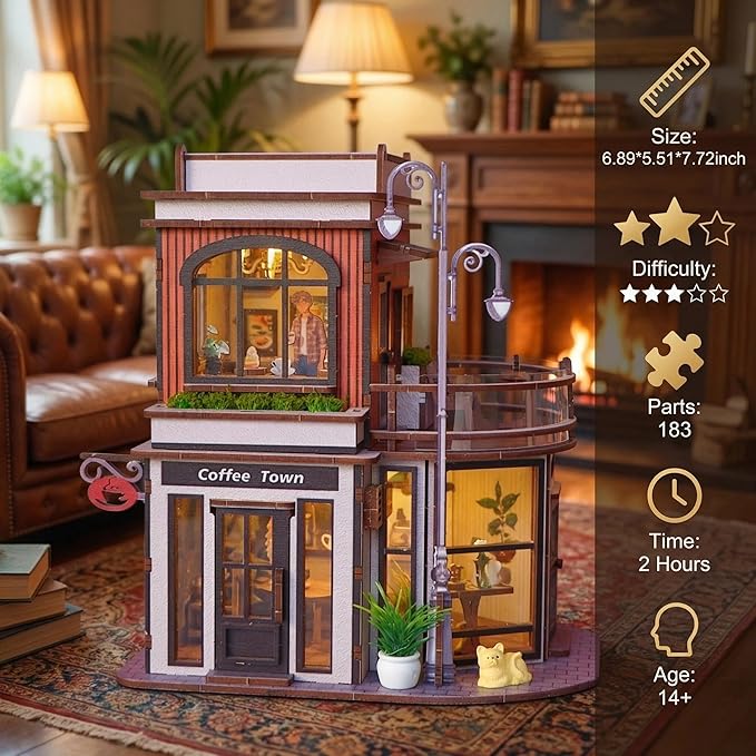 DIY Book Nook Kit, DIY Miniature House Wooden Coffee Shop Dollhouse with LED Light, 3D Wooden Puzzle for Adults & Teens Creative Bookshelf Decor, Craft Hobby Gift