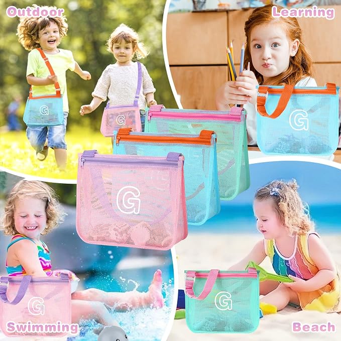 3Pcs Personalized Kids Beach Shell Bag, Initial Seashell Mesh Zipper Beach Pouch, Shell Collecting Bag for Holding Shells with Adjustable Straps, Sand Toys Swim Pouch Gift for Girl Boy Teens(Letter G)