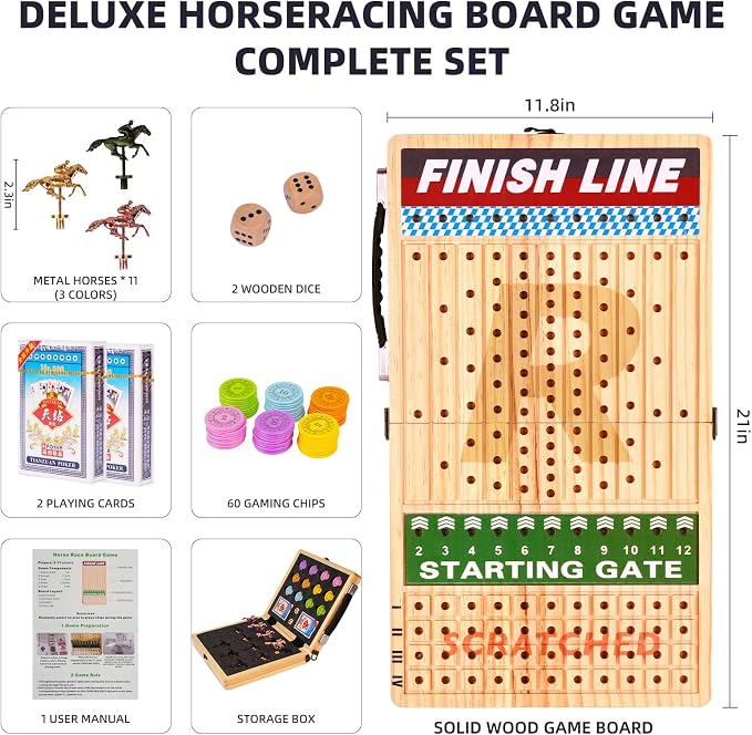 21" Large Horse Race Board Game - Solid Wood Horse Racing Game with 11 Metal Horses, 60 Poker Chips, Dice & Cards, Foldable Tabletop Party Game for Adults, Family Game Night & Friends