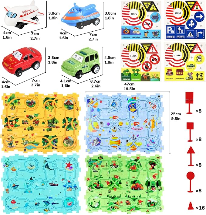YOOYID Puzzle Racer Kids Car Track Set, Kids Toys Boys 3-5, Toys for 3 4 5 6 Year Old Boys, Toys for Ages 3-4, Montessori Toys for 3+ Year Old, (100Pcs, 4 Themes)
