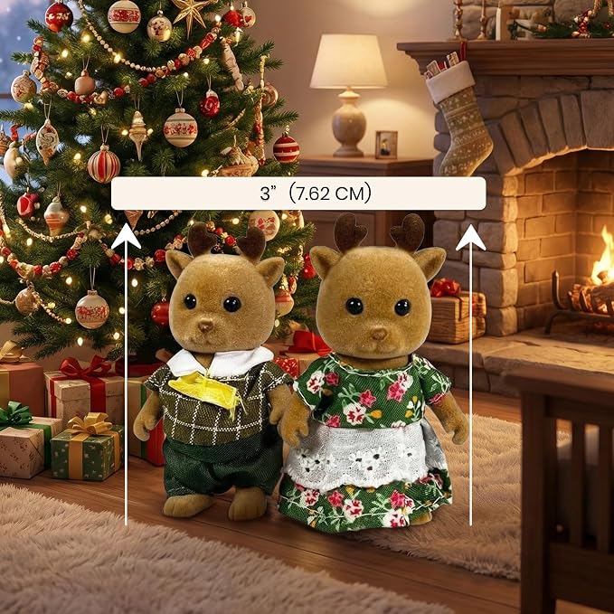 Family Brown Deer Figures — Set of 2 Collectible Flocked Mini Dolls with Removable Clothes, Dollhouse Pretend Play Set for Kids Ages 3+